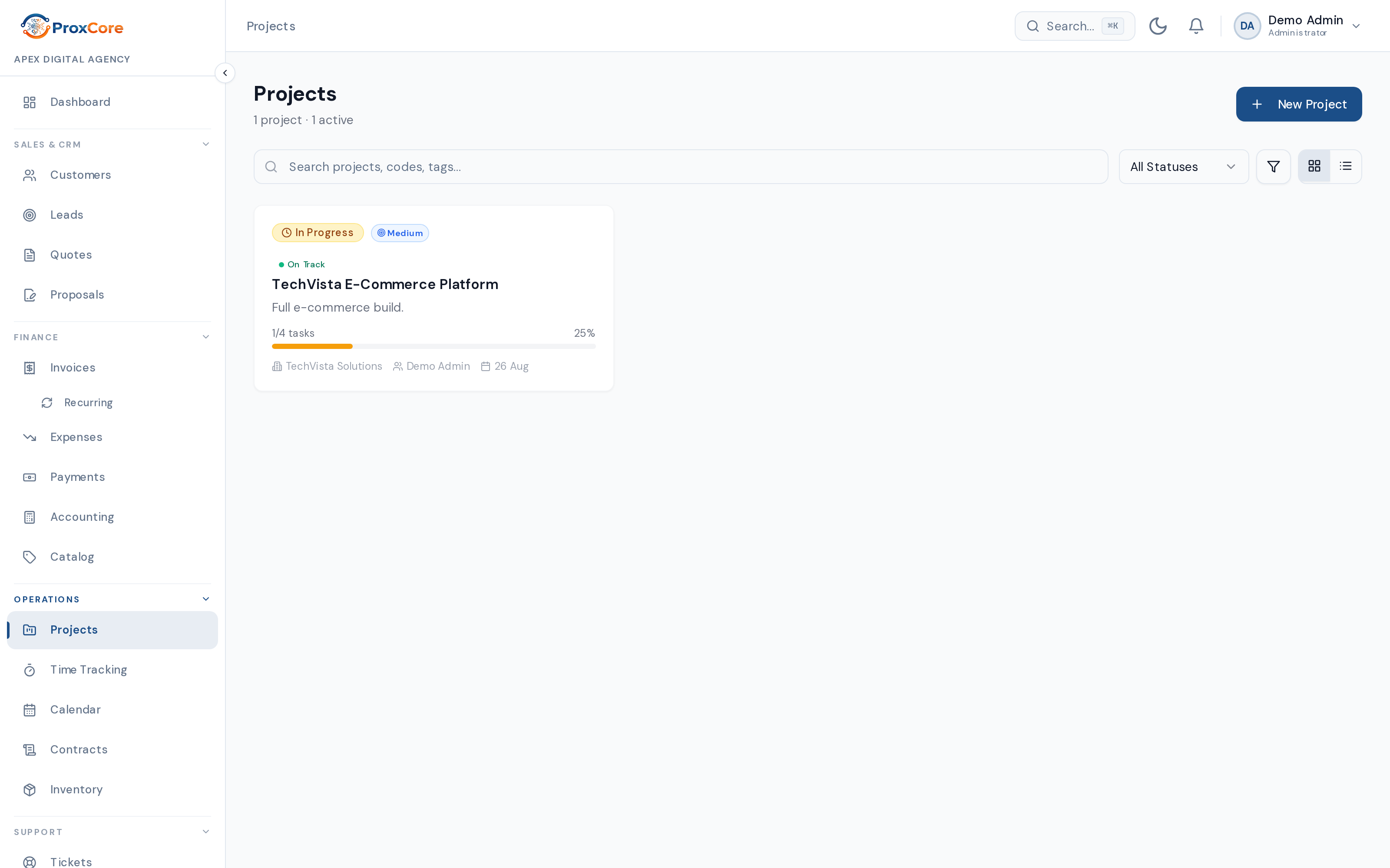ProxCore projects workspace showing active project boards and progress